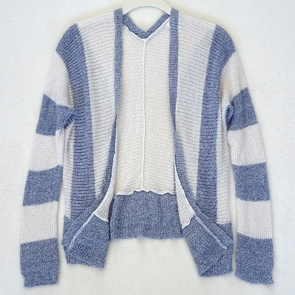 Pink Rose Soft Nylon Blend Blue & White Stripe Knit Open Cardigan Sweater S - Picture 3 of 8
